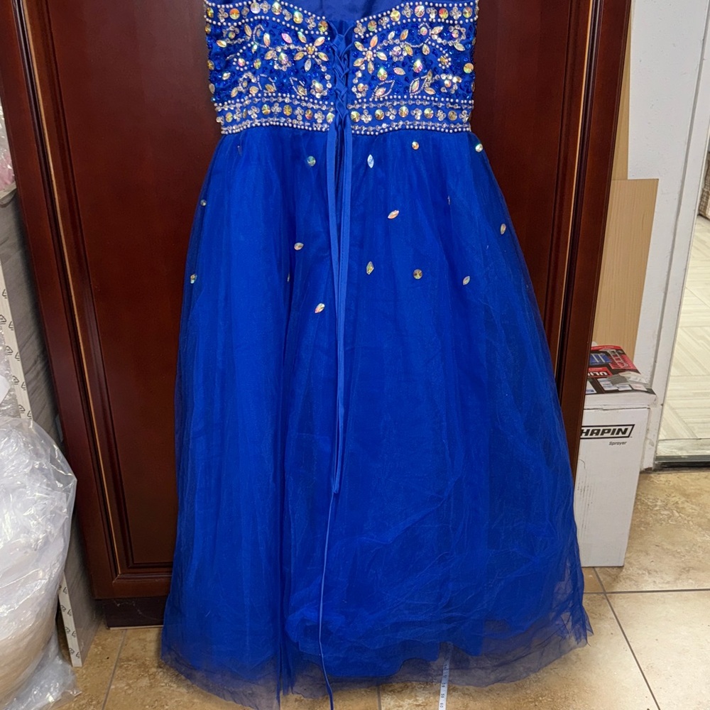 Elegant sleeveless rhinestone tulle Blue Kids Dress party dance wedding dress - Picture 7 of 9